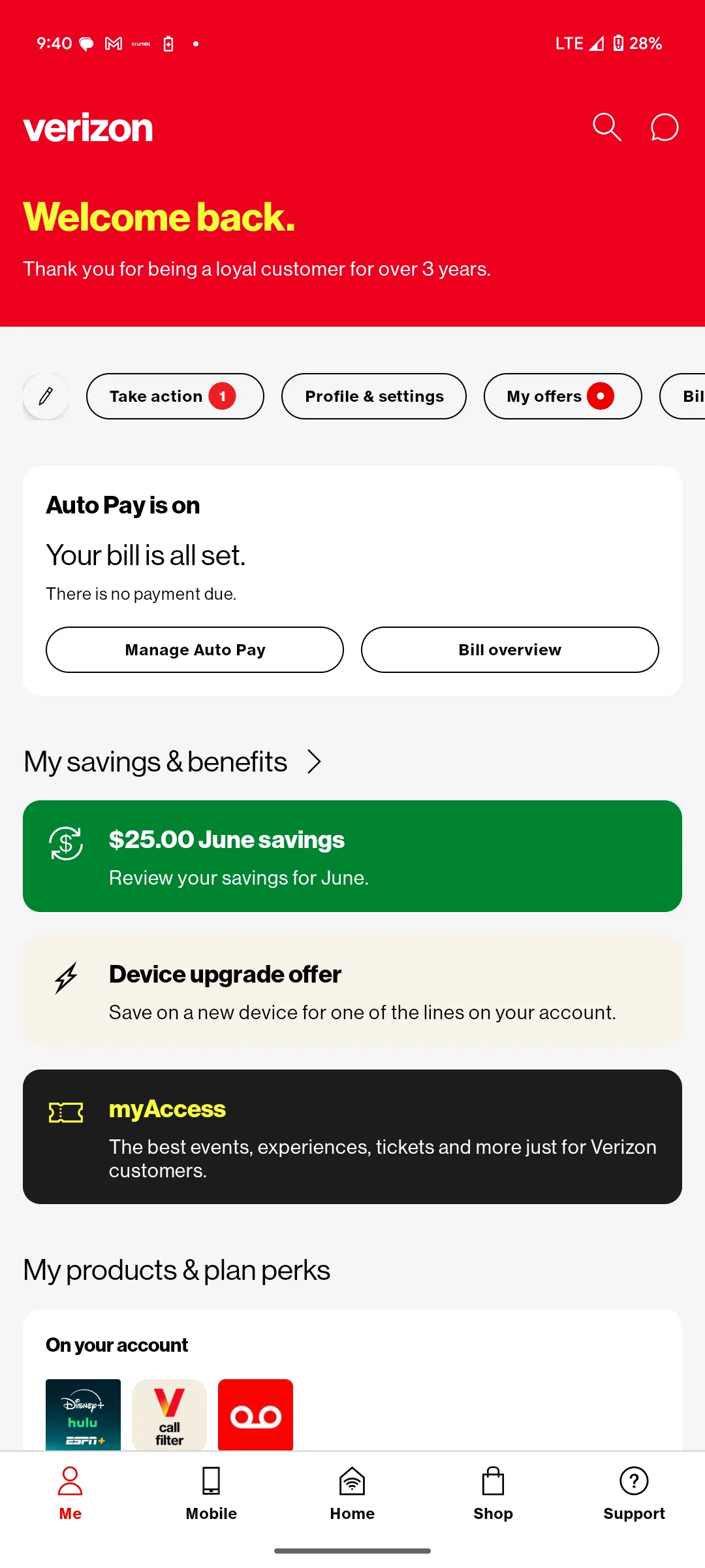 A screenshot of a Verizon mobile app