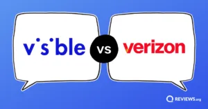 Visible vs Verizon logos facing off in opposing speech bubbles.