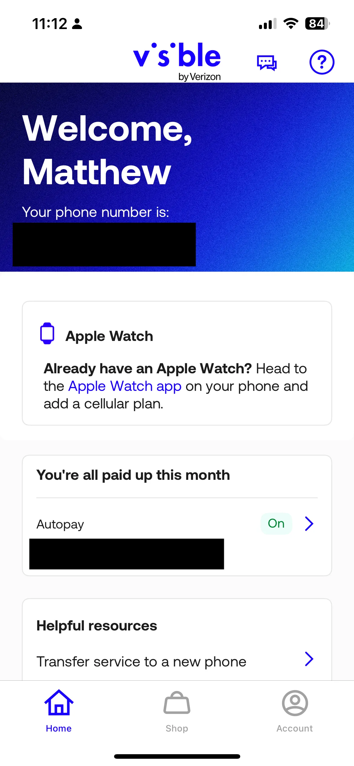 Image of Visible App homepage showing name and extra account details