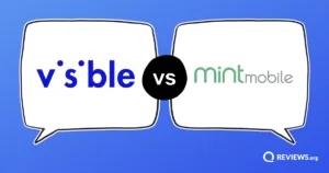 Visible vs Mint Mobile logos facing off in opposing speech bubbles.