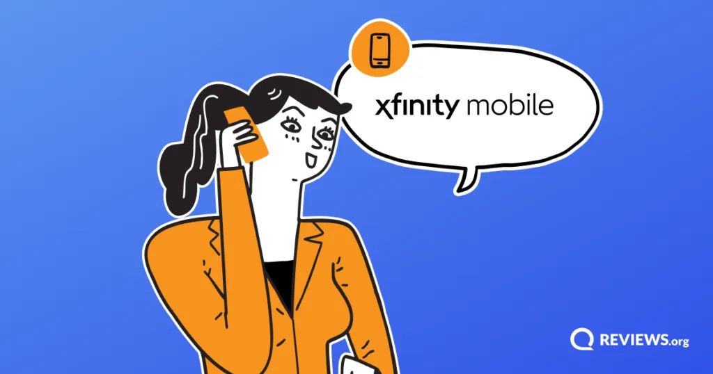 Cartoon woman talking on a phone with a speech bubble displaying the Xfinity Mobile logo.