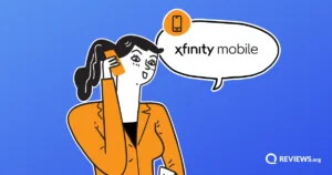 Cartoon woman talking on a phone with a speech bubble displaying the Xfinity Mobile logo.