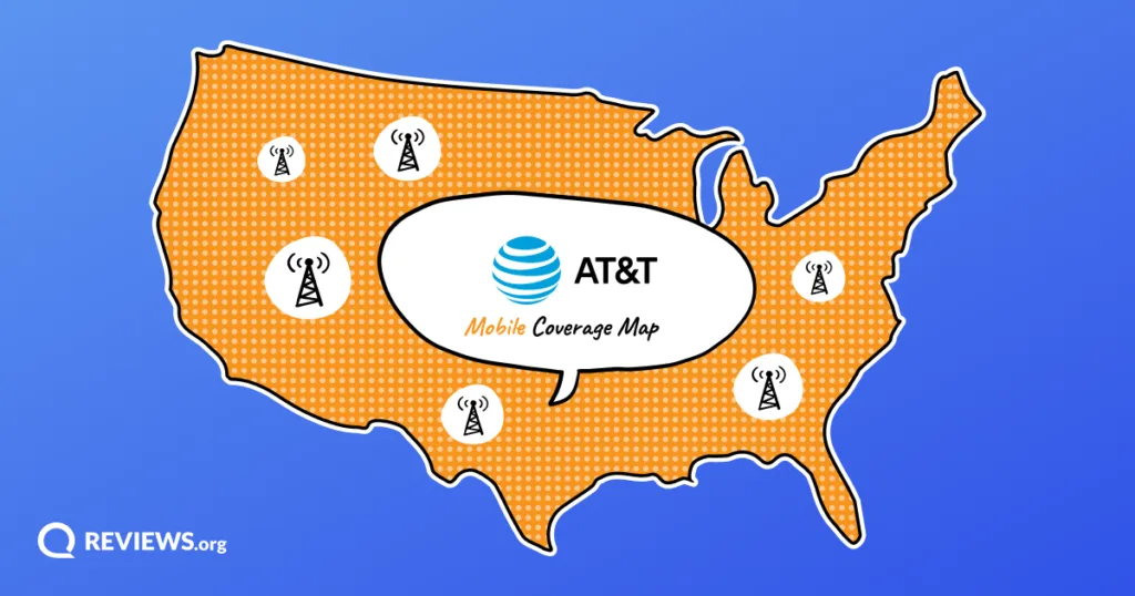Illustrated US map dotted with cell towers and a speech bubble reading AT&T Mobile Coverage Map.