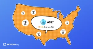 Illustrated US map dotted with cell towers and a speech bubble reading AT&T Mobile Coverage Map.