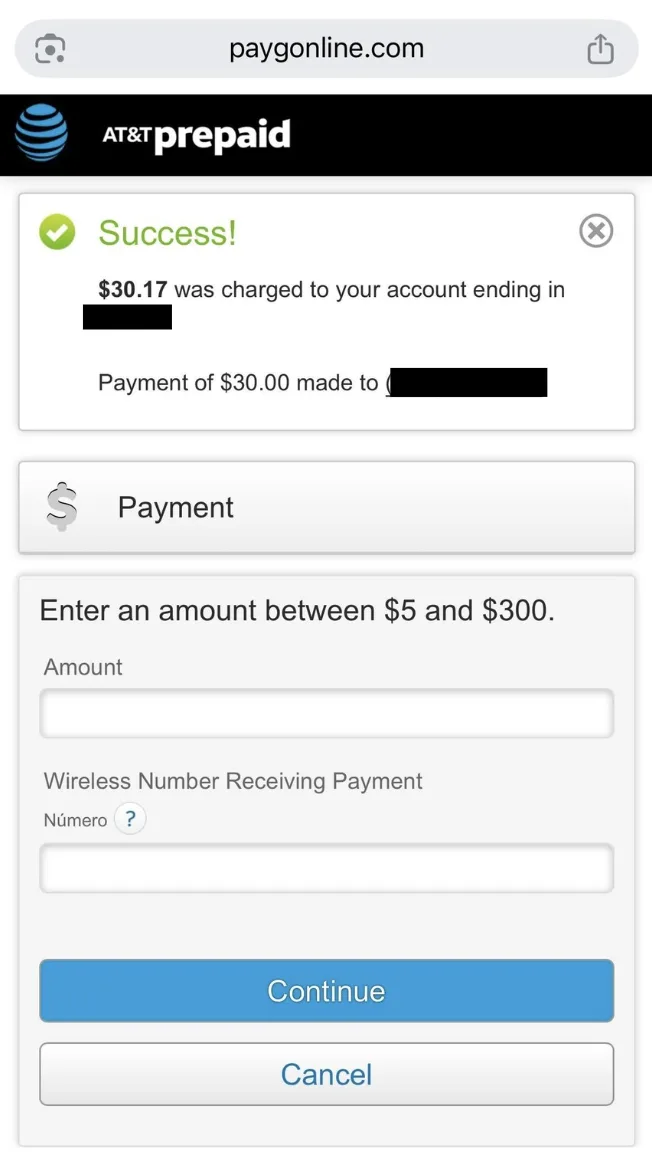 A screenshot of the paygoonline.com payment portal for AT&T Prepaid