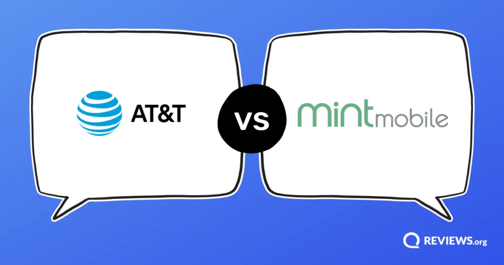 AT&T vs Mint Mobile logos facing off in opposing speech bubbles.