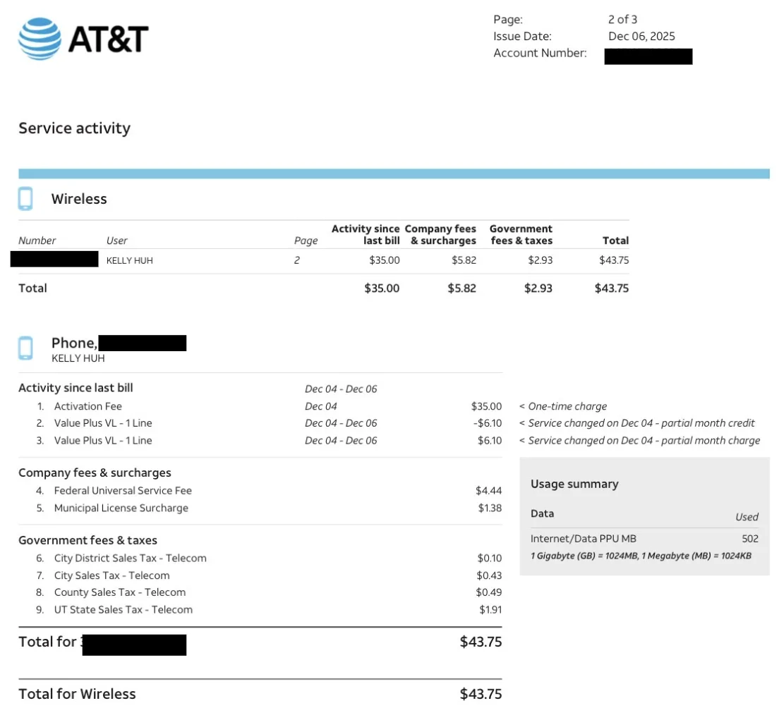 AT&T Wireless Bill showing activation fees, company fees, and taxes totaling $43.