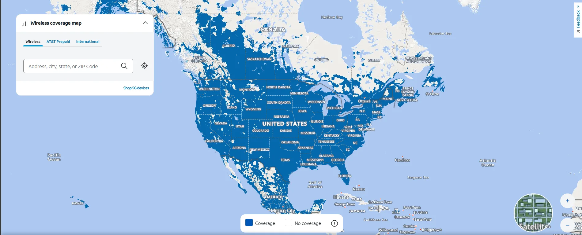 Part of AT&T’s interactive coverage map, highlighting most of the United States, some of Canada, and Central America