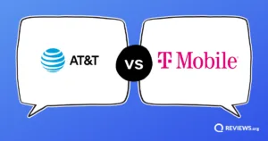 AT&T vs T-Mobile logos facing off in opposing speech bubbles.