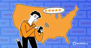 Cartoon man using his phone in front of an illustrated US map with a five-star rating bubble, comparing mobile coverage by carrier.