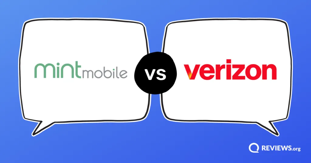 Mint Mobile vs Verizon logos facing off in opposing speech bubbles.