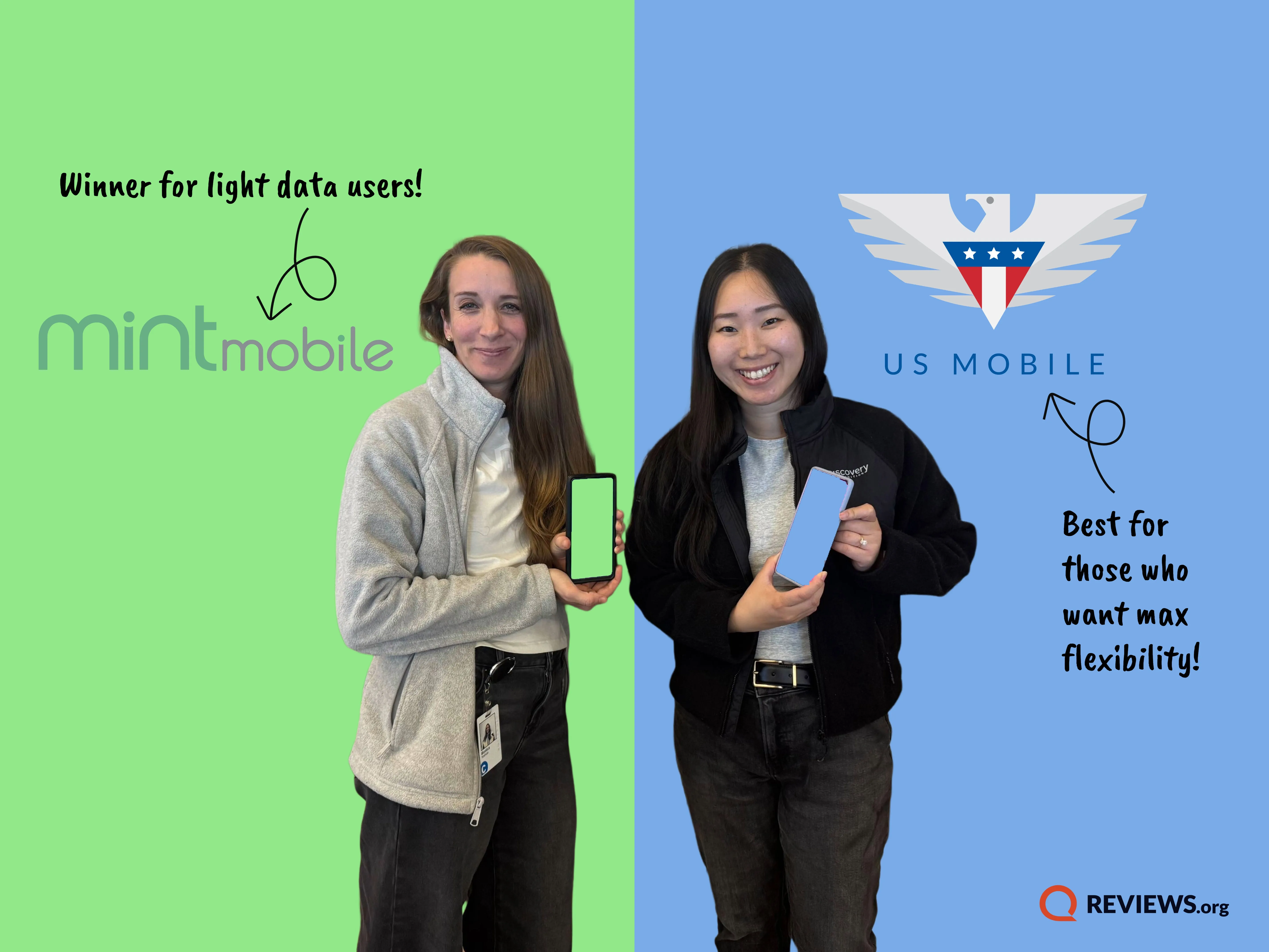 Image of two ladies holding a phone with a split screen of green and blue showing Mint Mobile on one side and US Mobile on the other side
