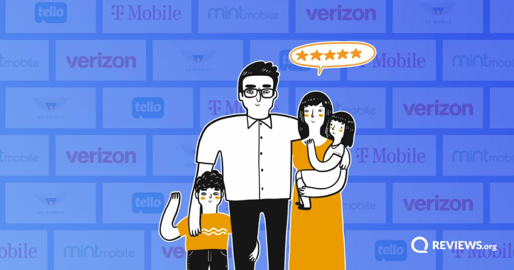 Cartoon family of four smiling together, representing top-rated phone plan options for families.