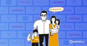 Cartoon family of four smiling together, representing top-rated phone plan options for families.