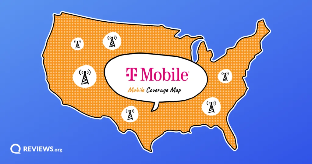 Illustrated US map dotted with cell towers and a speech bubble reading T-Mobile Coverage Map.