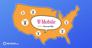 Illustrated US map dotted with cell towers and a speech bubble reading T-Mobile Coverage Map.