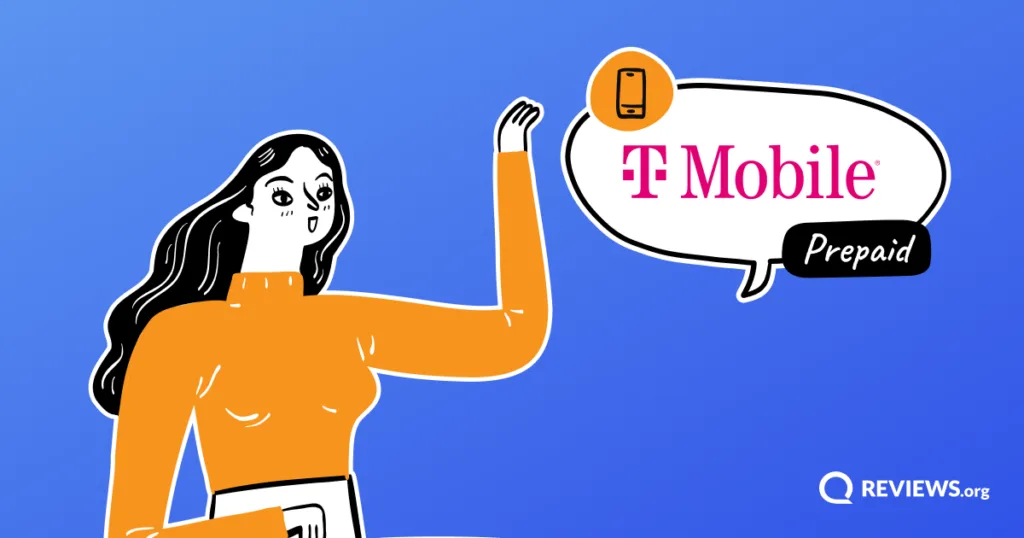 Cartoon woman pointing to a speech bubble displaying the T-Mobile prepaid logo.