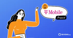 Cartoon woman pointing to a speech bubble displaying the T-Mobile prepaid logo.