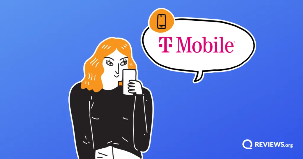 Cartoon woman looking at her phone with a speech bubble displaying the T-Mobile logo.