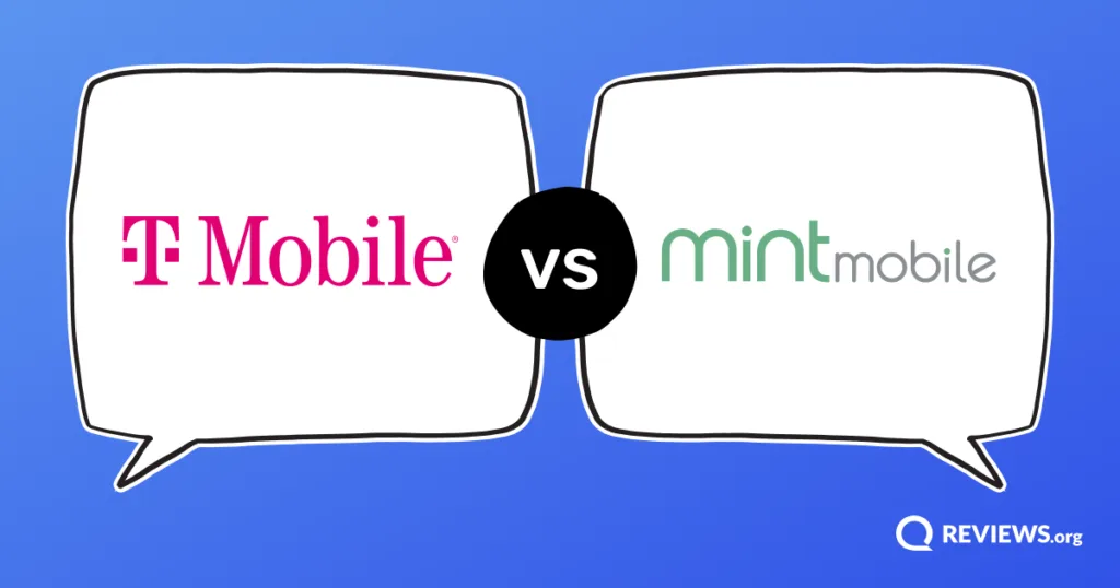 T-Mobile vs Mint Mobile logos facing off in opposing speech bubbles.