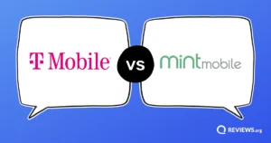 T-Mobile vs Mint Mobile logos facing off in opposing speech bubbles.