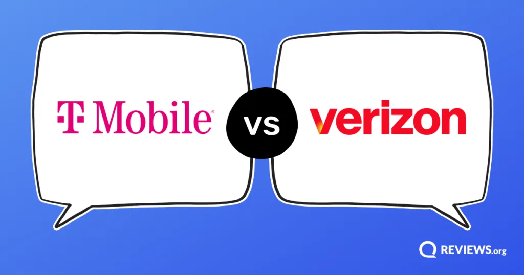 T-Mobile vs Verizon logos facing off in opposing speech bubbles.