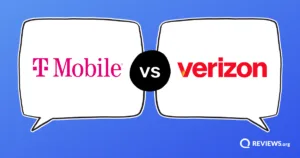 T-Mobile vs Verizon logos facing off in opposing speech bubbles.