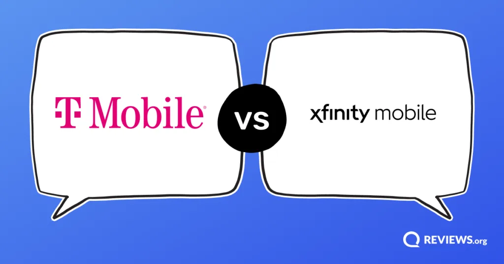 T-Mobile vs Xfinity Mobile logos facing off in opposing speech bubbles.