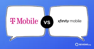 T-Mobile vs Xfinity Mobile logos facing off in opposing speech bubbles.