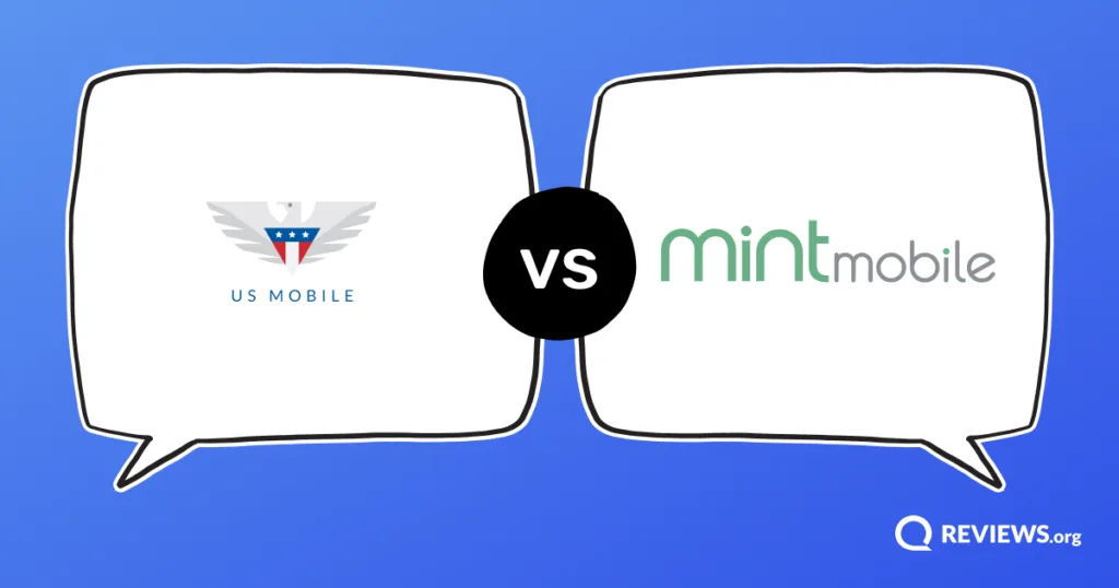 US Mobile vs Mint Mobile logos facing off in opposing speech bubbles.