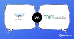 US Mobile vs Mint Mobile logos facing off in opposing speech bubbles.
