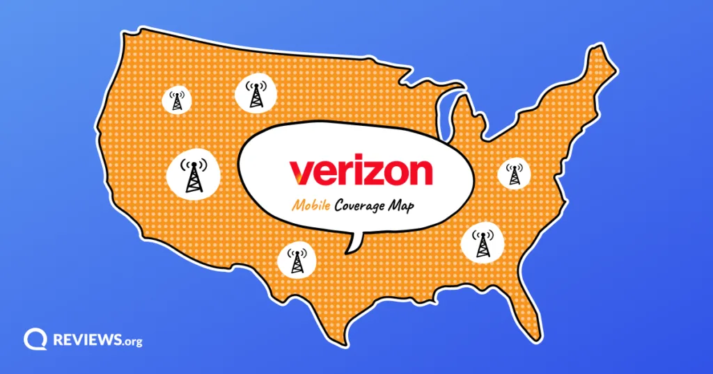 Illustrated US map dotted with cell towers and a speech bubble reading Verizon Mobile Coverage Map.