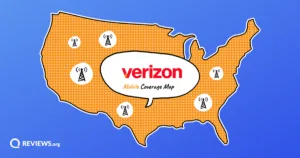 Illustrated US map dotted with cell towers and a speech bubble reading Verizon Mobile Coverage Map.