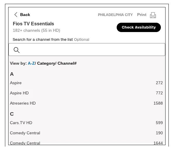 Screenshot showing what channels are available for the Fios TV Essentials Plan in Philadelphia.