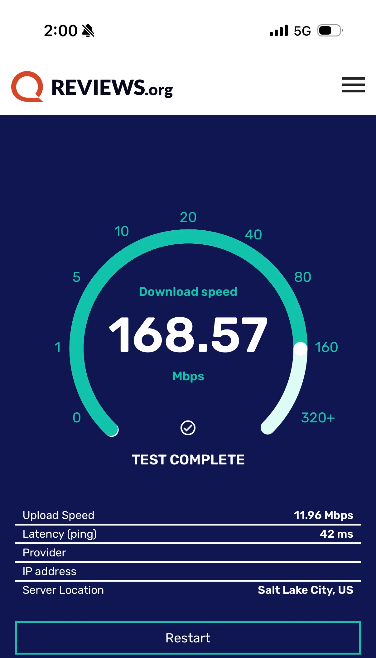 Screenshot of Verizon Prepaid mobile speed test result of 168.57 Mbps