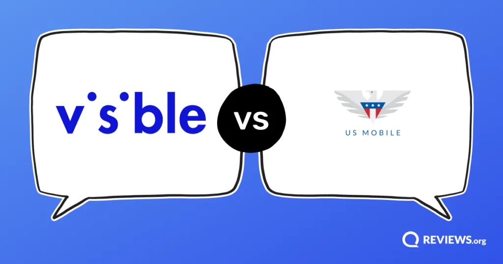 Visible versus US Mobile logos facing off in opposing speech bubbles.