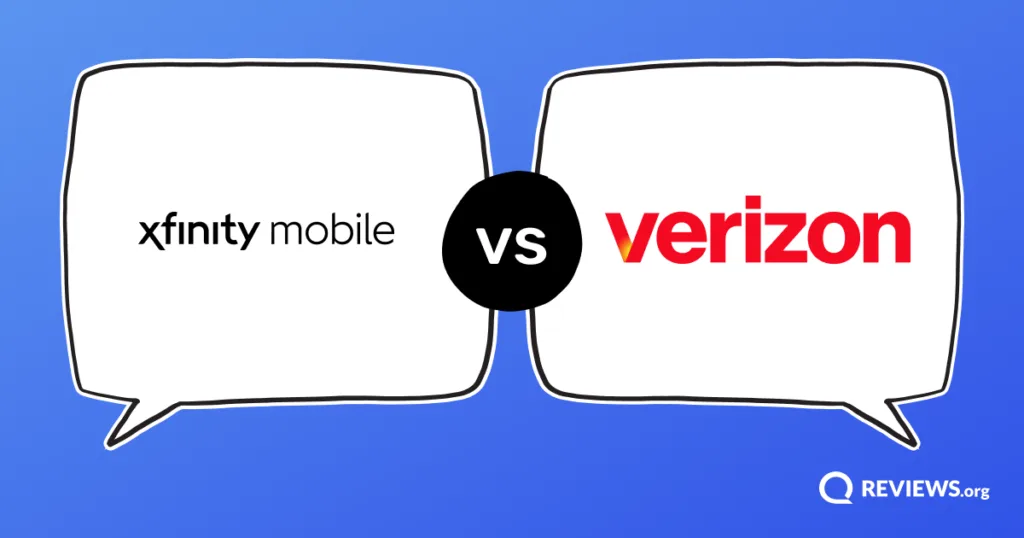 Xfinity Mobile vs Verizon logos facing off in opposing speech bubbles