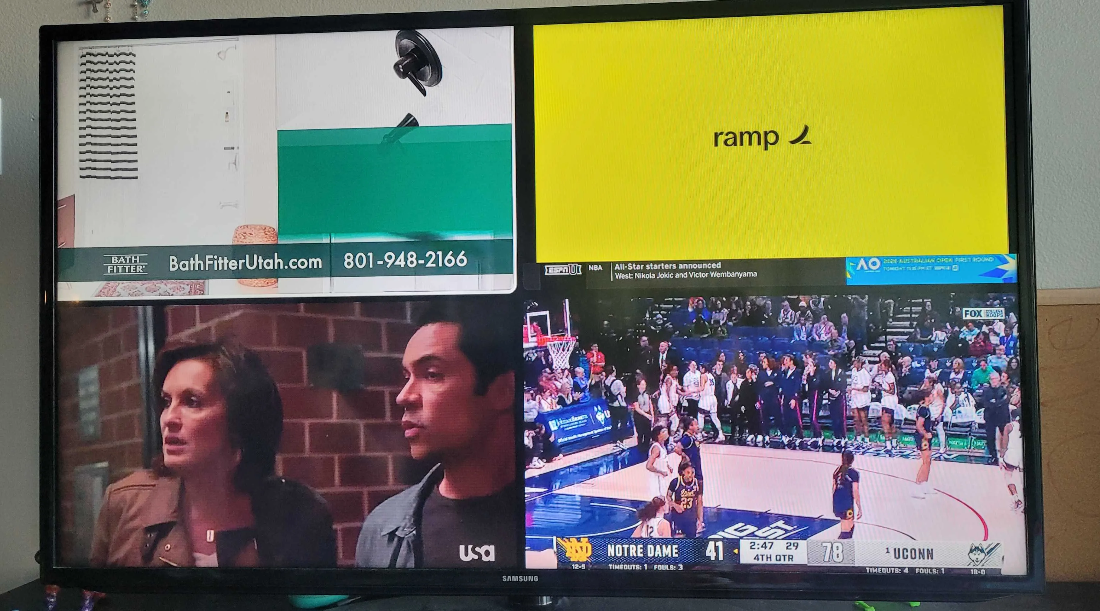 Image of a split screen four ways showing four different programs