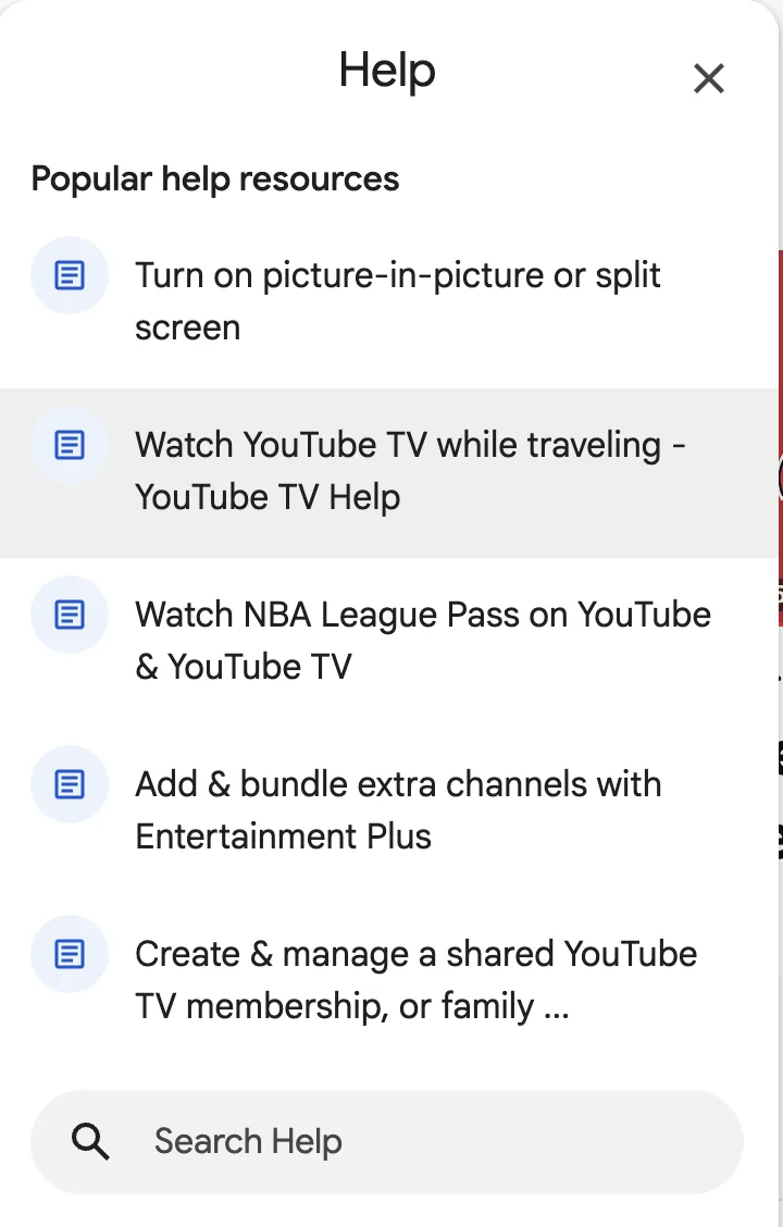 An image of YouTube TV Help screen and options