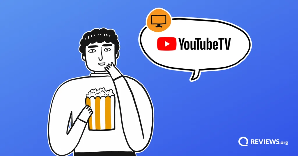 Cartoon man holding popcorn, with a speech bubble displaying the YouTube TV logo.
