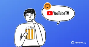 Cartoon man holding popcorn, with a speech bubble displaying the YouTube TV logo.