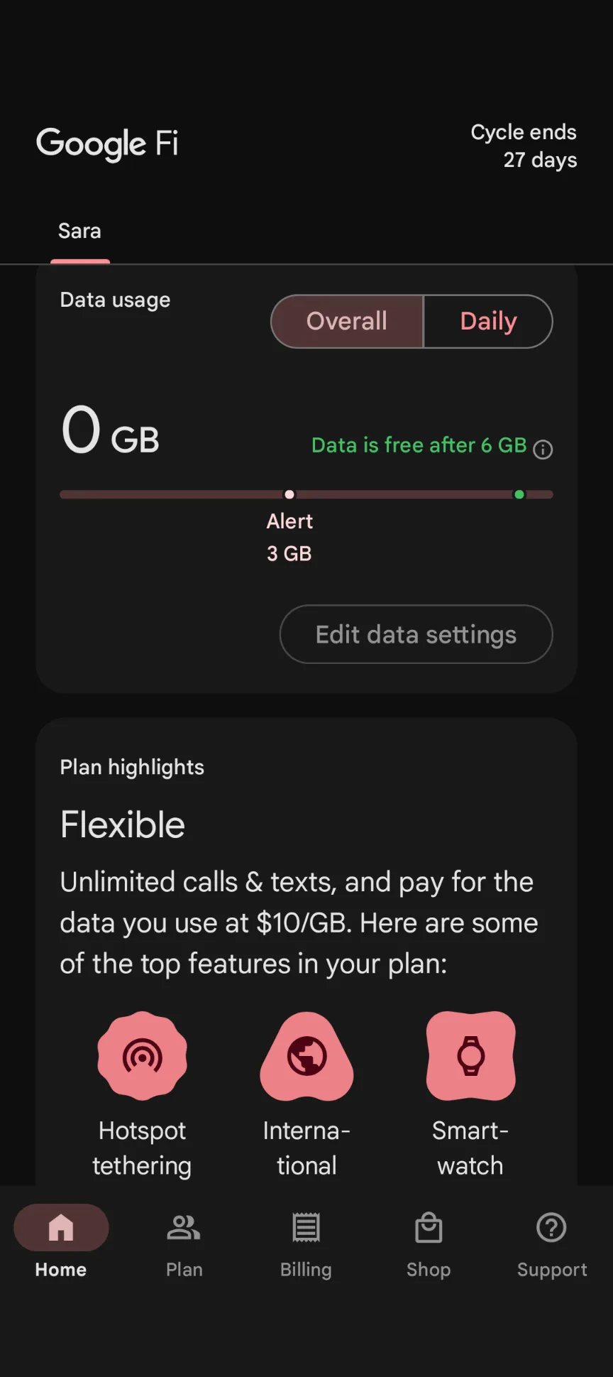 Google Fi app showing data usage and plan details.