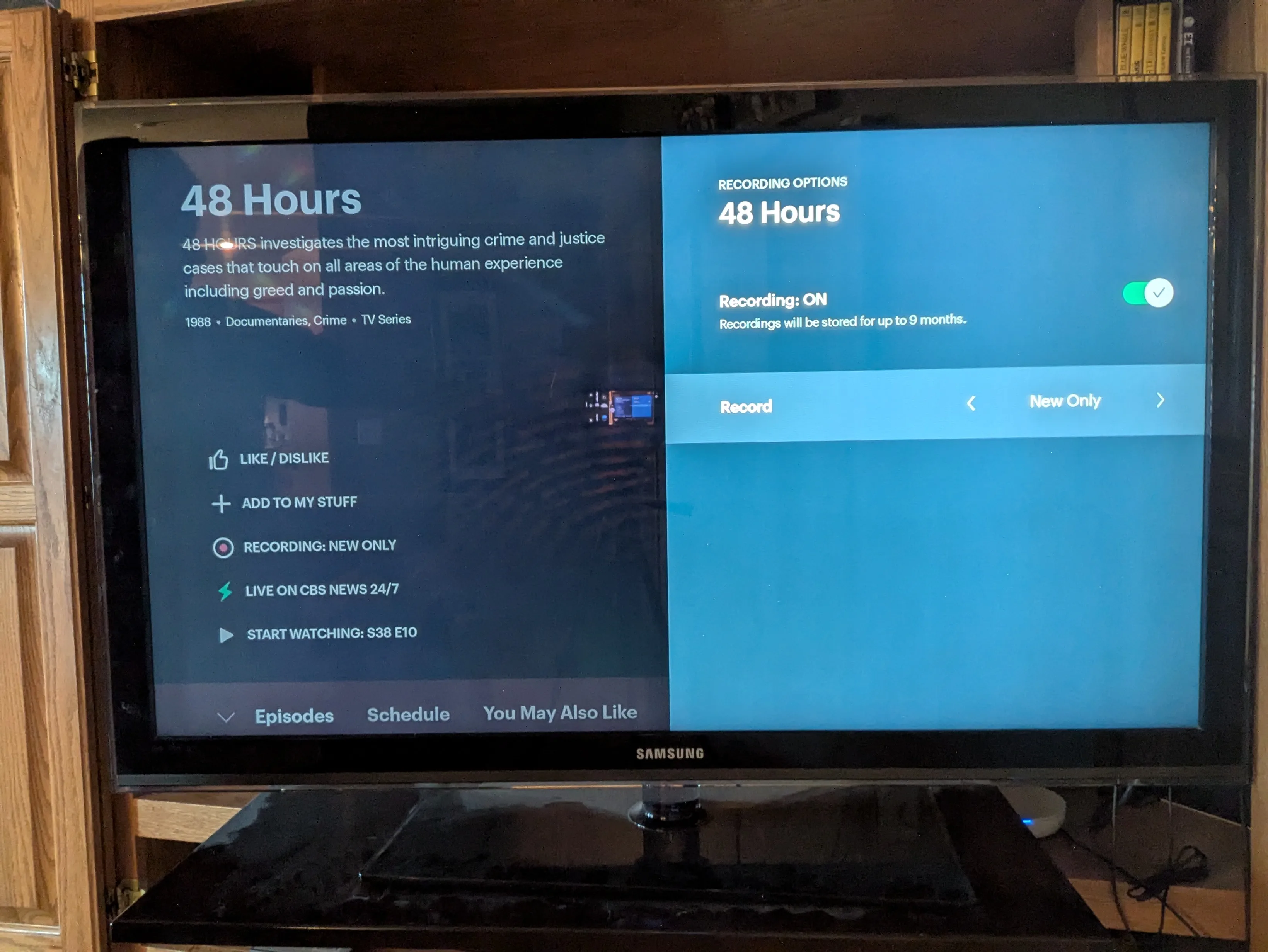 TV interface showing Hulu Live DVR settings for a selected show, with options to record new episodes.