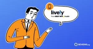 Cartoon man gesturing towards speech bubble with lively mobile logo inside it.