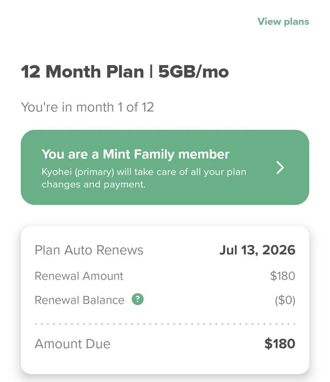 Screenshot of the Mint Mobile app confirming that I am part of Mint Mobile’s family plan and the details of my payment.