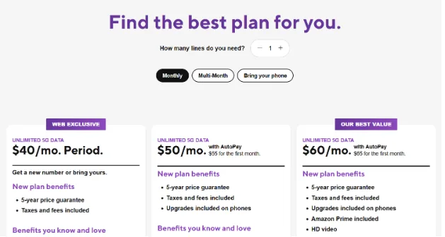 Pricing comparison showing three unlimited 5G data phone plans.