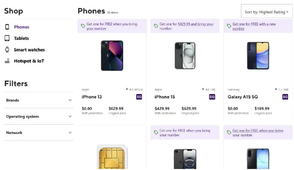 Online shop page displaying smartphones