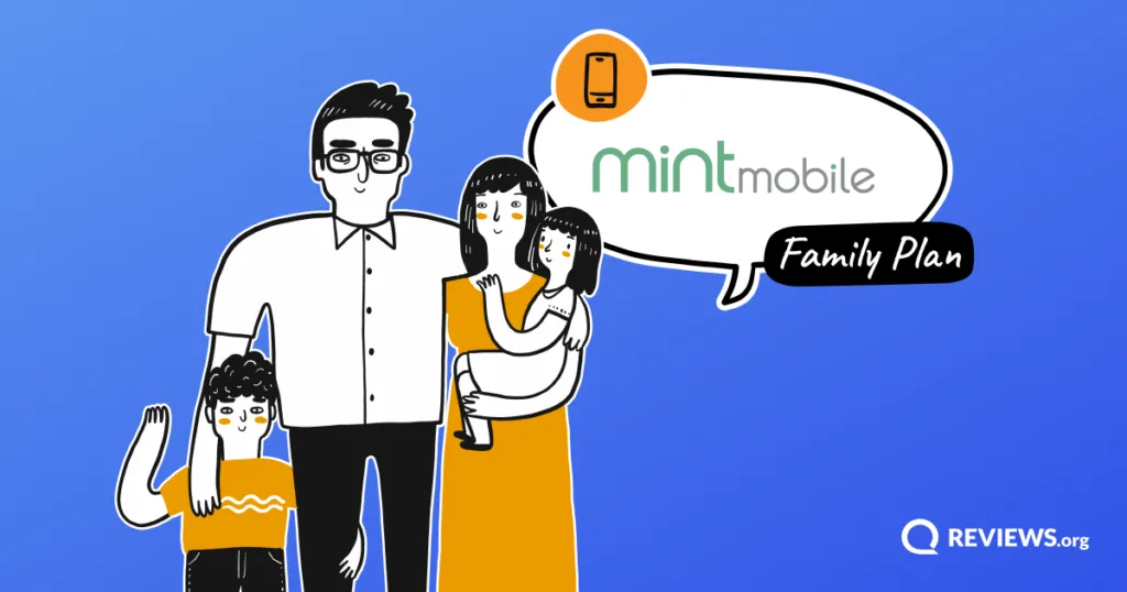 Family of four with a speech bubble displaying the Mint Mobile Family Plan logo.