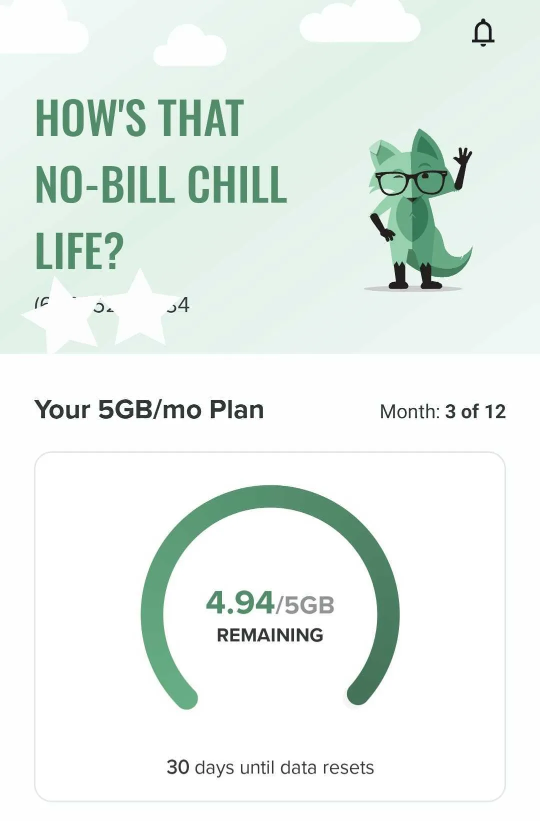 Mint Mobile app main dashboard displaying the current 5GB plan status and a real-time countdown of remaining data.