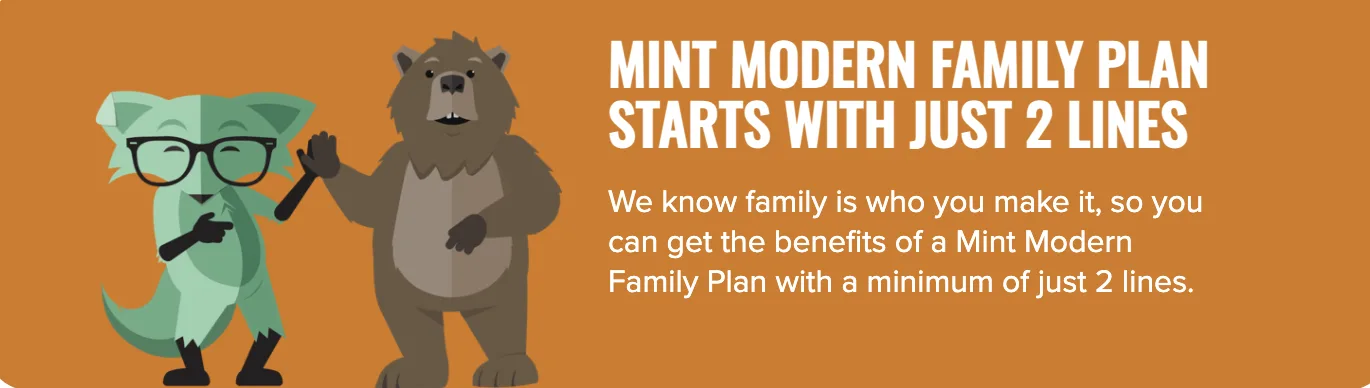 A Mint Mobile promotional banner featuring a green fox mascot with glasses giving a high-five to a brown bear mascot. Large white text reads: 'Mint Modern Family Plan Starts With Just 2 Lines.'